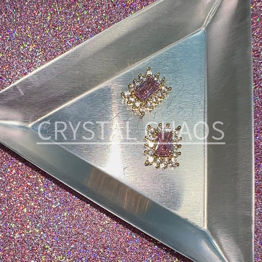 Rectangle, 3D Rhinestone CHARM 001-G, 11x9mm, Gold/Light Pink, 2pc