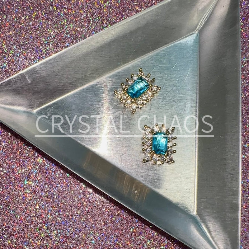 Rectangle, 3D Rhinestone CHARM 001-G, 11x9mm, Gold/Turquoise, 2pc - Crystal Chaos