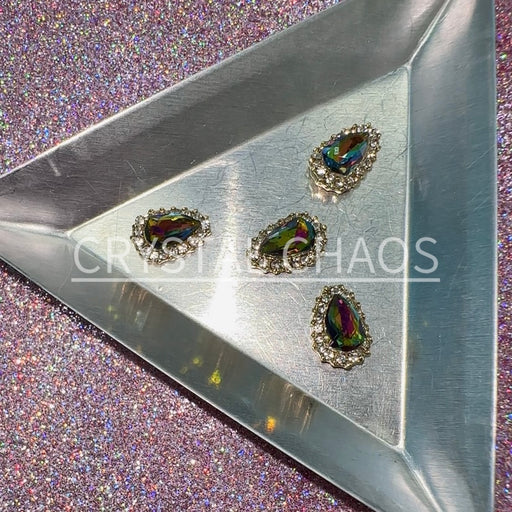 Pear, 3D Rhinestone CHARM 003-G, 12x8mm, Gold/Dark Rainbow, 4pc - Crystal Chaos