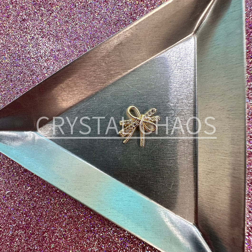 Bow, 3D Rhinestone CHARM 010-S, 13x11mm, Gold/Crystal, 1pc