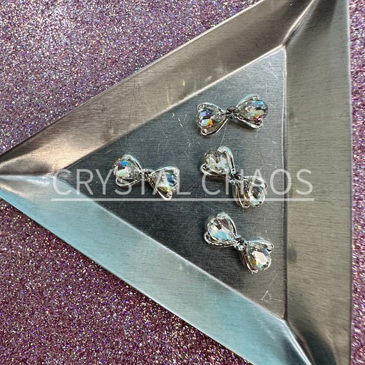 Bow, 3D Rhinestone CHARM 023-S, 7x14mm, Silver/Crystal AB, 4pc - Crystal Chaos