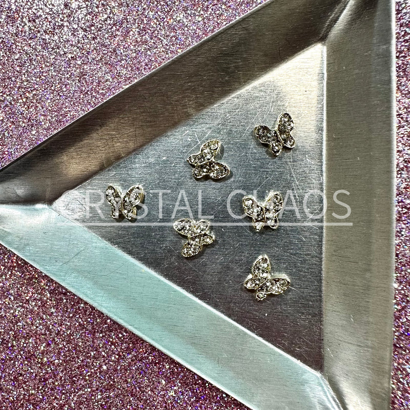 Butterfly, 3D Rhinestone CHARM 015-G, 6x7mm, Gold/Crystal, 6pc - Crystal Chaos