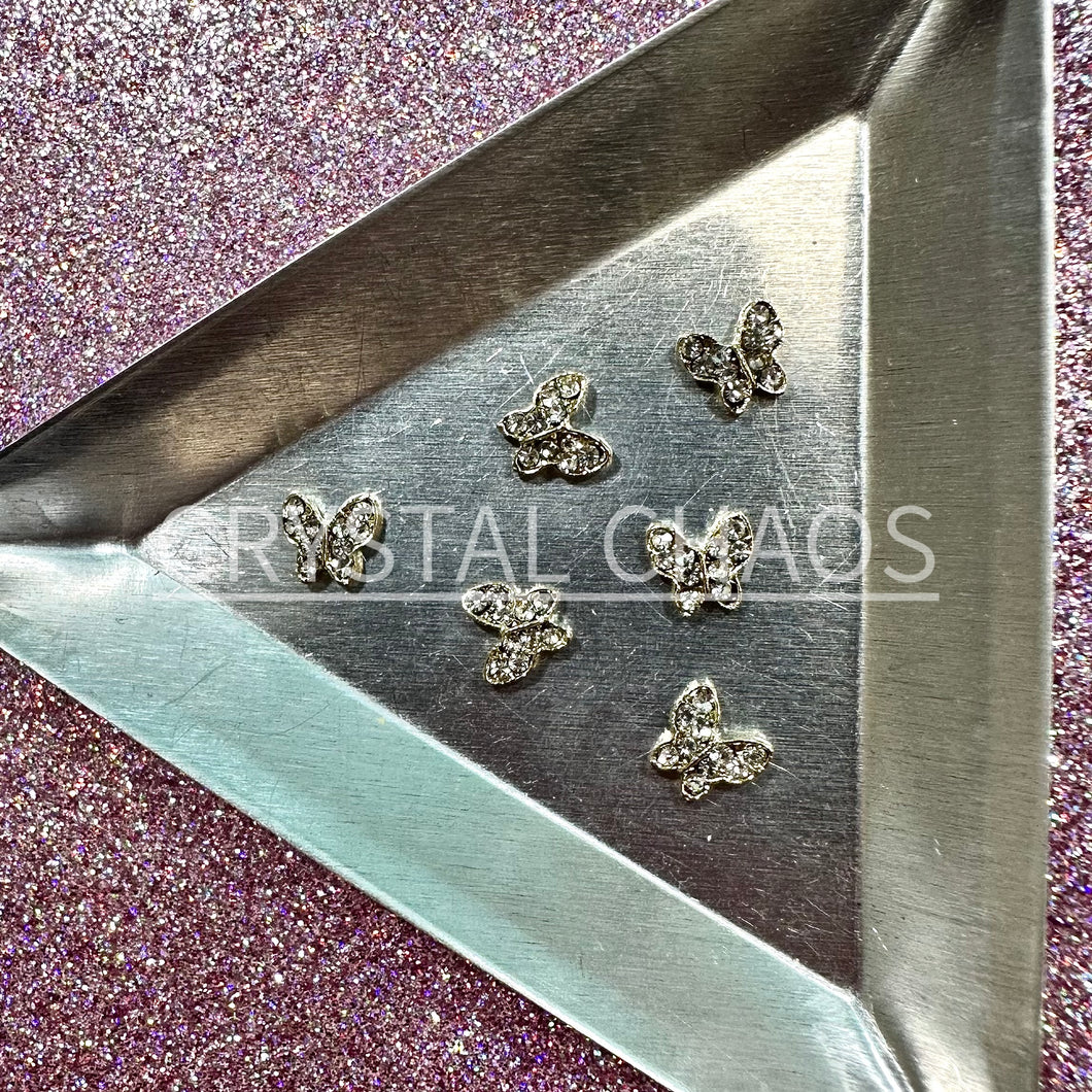 Butterfly, 3D Rhinestone CHARM 015-G, 6x7mm, Gold/Crystal, 6pc